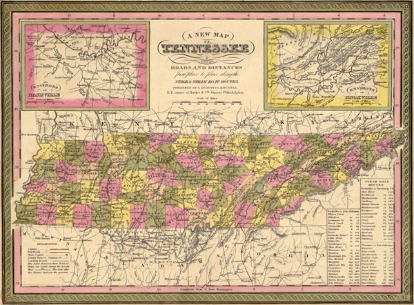 Tennessee State 1849 Historic Map by S. Augustus Mitchell, Reprint