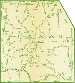 Early map of Texas County, Missouri including Houston, Cabool, Licking, Raymonville, Success, Roby, Plato