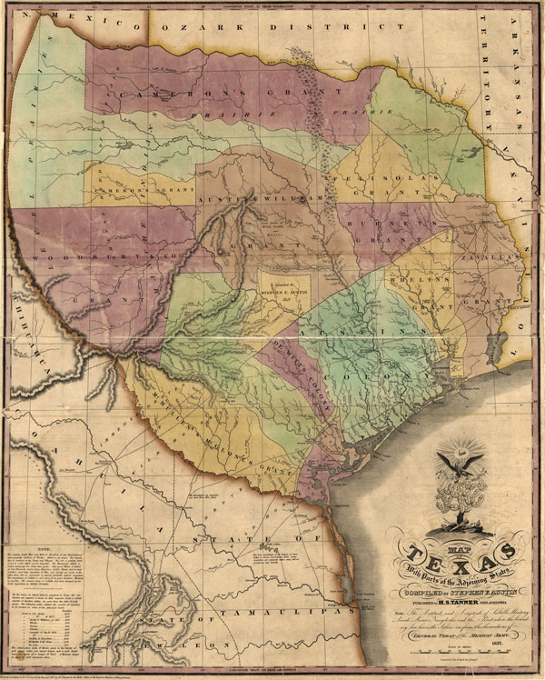 Texas State (Republic of Texas) 1837 Stephen F. Austin, Tanner, Historic Map Reprint