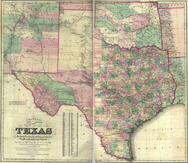 Texas State 1872 Colton Historic Map Reprint