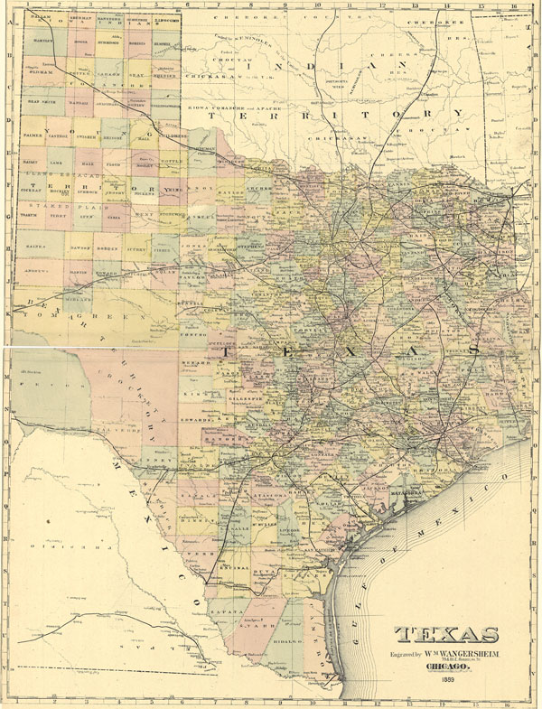 Texas State 1889 Wm. Wangersheim Historic Map Reprint