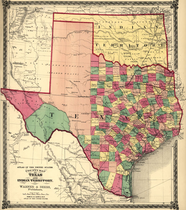 Texas State and Indian Territory 1875 Warner and Beers Historic Map Reprint