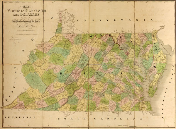 Virginia, Maryland and Delaware State 1839 Historic Map David Burr American Atlas Reprint