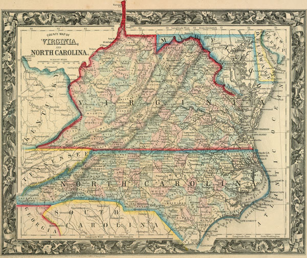 Virginia and North Carolina State 1860 Mitchell Historic Map Reprint