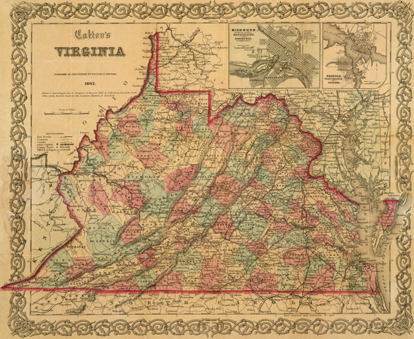 Virginia State 1862 Colton Historic Map Reprint