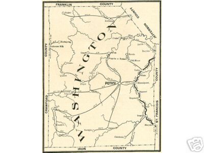 Early Washington County, Missouri map including Potosi, Irondale, Mineral Point, Richwoods and more