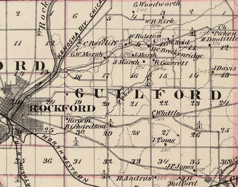 Detail of Winnebago County, Illinois 1876 Historic Map Reprint by Union Atlas Co., Warner & Beers