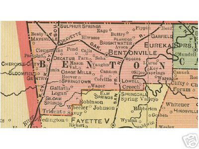 Early map of Benton County, Arkansas including Rogers, Bentonville, Gravette, Sulphur Springs, Siloam Springs 