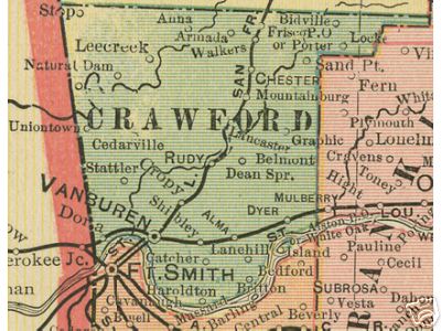 Early map of Crawford County, Arkansas including Van Buren, Rudy, Alma, Chester, Mulberry, Mountainburg, Dyer