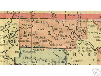 Early map of Fulton County, Arkansas including Salem, Mammoth Spring, Viola, Pilot, Wheeling, Agnos, Byron