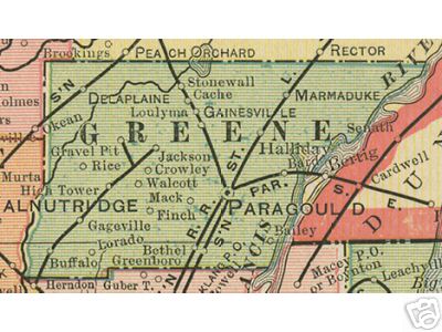 Early map of Greene County, Arkansas including Paragould, Marmaduke, Delaplaine, Gainesville, Crowley, Jackson