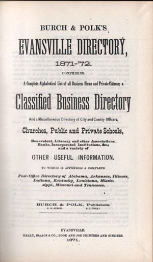 Evansville, Indiana 1871-72 Directory, Burch & Polk's, book, Vanderburgh County