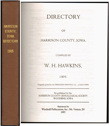 HARRISON COUNTY, IOWA DIRECTORY, W. H. Hawkins, 1905, genealogy, residents, marriages
