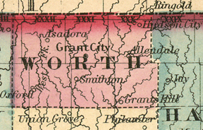 Early map of Worth County, Missouri with Allendale, Grant City, Grants Hill, Hudson City, Isadora, Oxford, Smithton, MO 