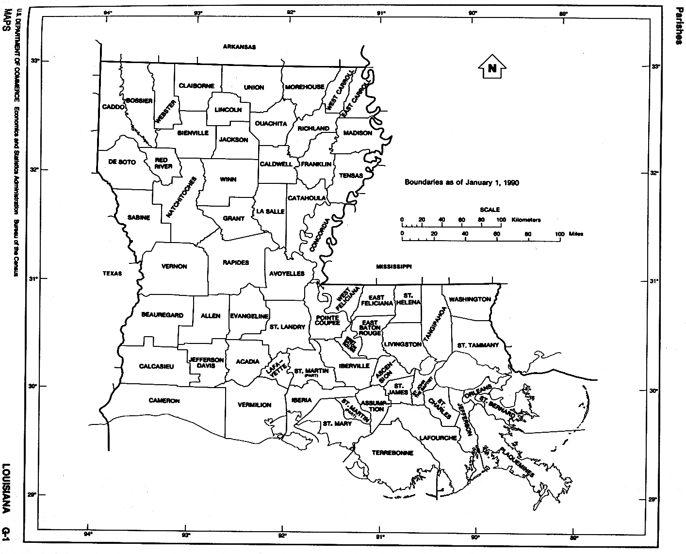 Map of Louisiana Parishes with Parish Outlines