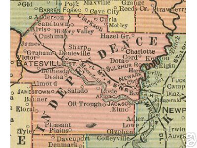 Early map of Independence County, Arkansas including Batesville, Newark, Sulphur Rock, Cushman, Pleasant Plains