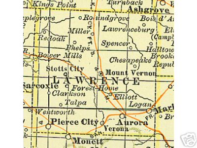 Early map of Lawrence County, Missouri including Mount Vernon, Pierce City, Aurora, Stotts City, Miller, Halltown, Peirce City