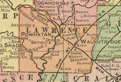Early map of Lawrence County, Arkansas including Powhatan, Walnut Ridge, Portia, Blck Rock, Minturn, Sedgwick