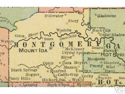 Early map of Montgomery County, Arkansas including Mount Ida, Oden, Washita, Ophir, Caddo Gap, Hopper, Mazarn