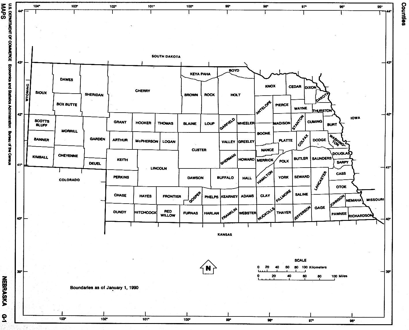 Nebraska Counties map with outline and location of each county in NE