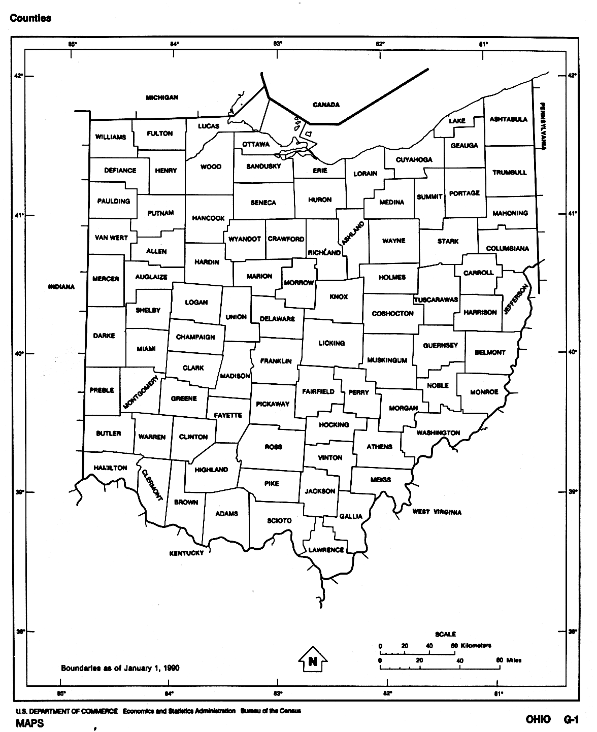 Ohio State map with counties location and outline of each county in OH