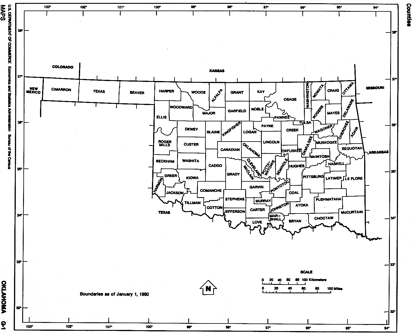 Oklahoma Counties map with outline of each county in OK