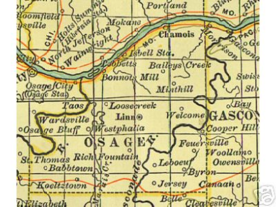 Early map of Osage County, Missouri including Linn, Westphalia, Rich Fountain, Babbtown, Chamois, Bonnots Mill