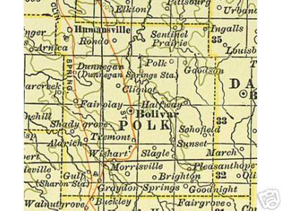 Early map of Polk County, Missouri including Bolivar, Humansville, Fair Play, Morrisville, Brighton, Aldrich