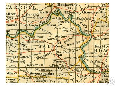 Early map of Saline County, Missouri including Marshall, Slater, Sweet Springs, Arrow Rock, Miami, Malta Bend 