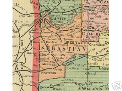 Early map of Sebastian County, Arkansas in cluding Ft. Smith, Greenwood, Huntington, Mansfield, Hartford, Lavaca, Fort Smith